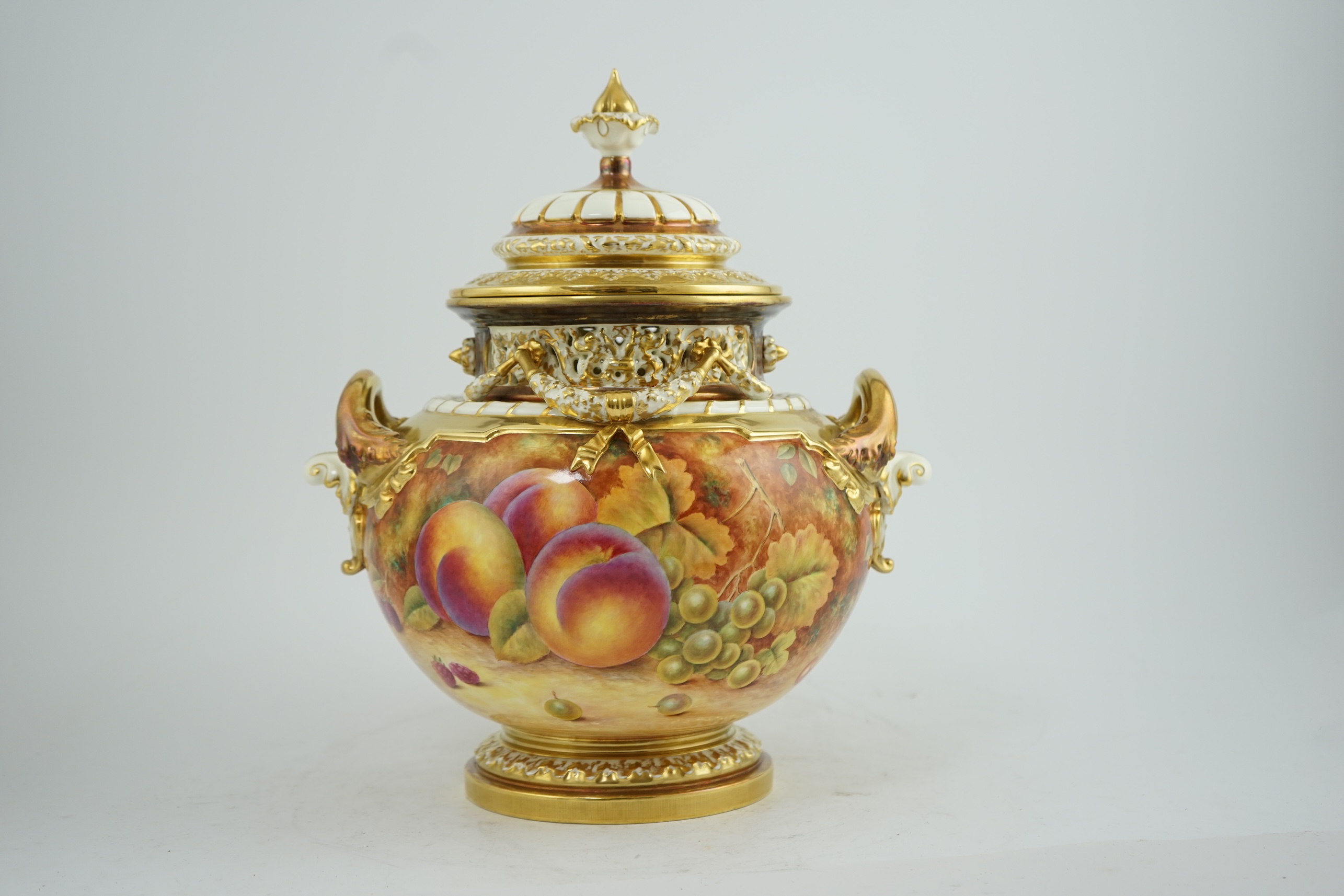 An impressive Royal Worcester fruit painted pot pourri vase and cover, by P. Stanley, post war